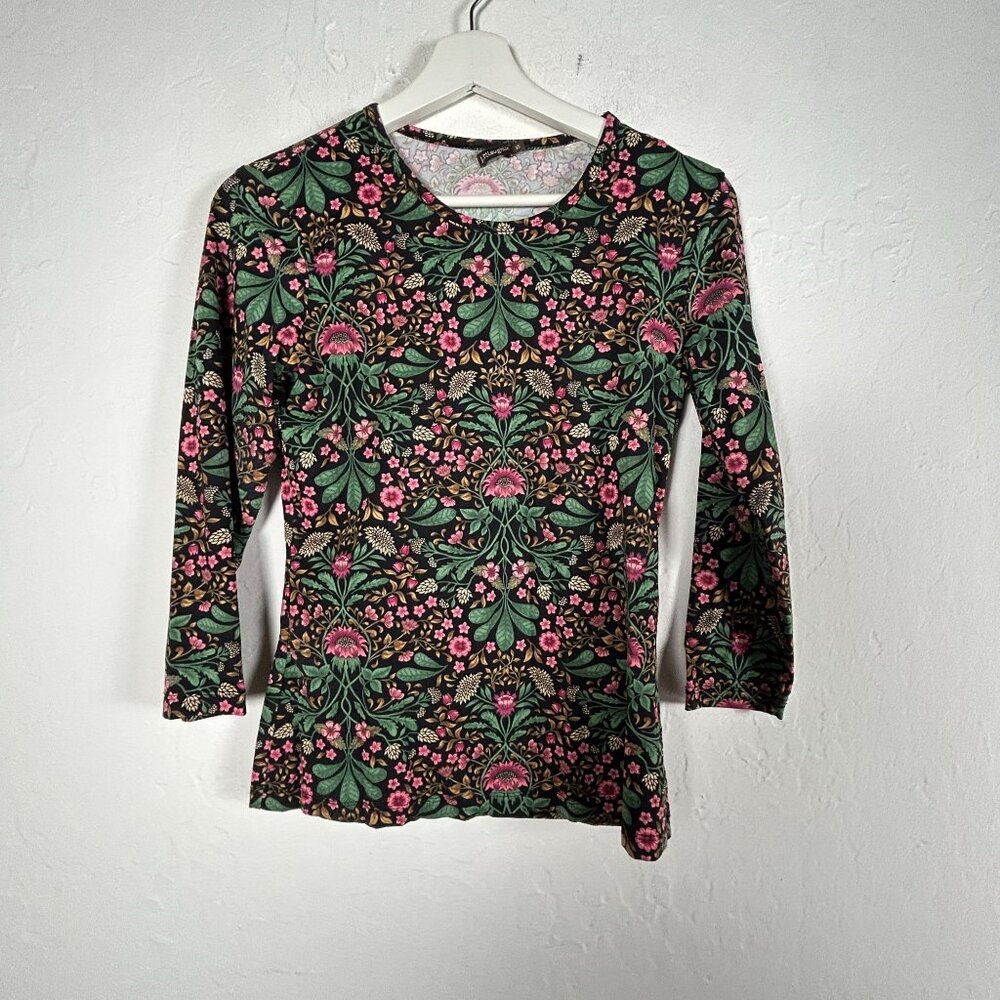 J.Mclaughlin Floral Print 3/4 Sleeve Top XS Black/Green Crew Neck Stretch Casual